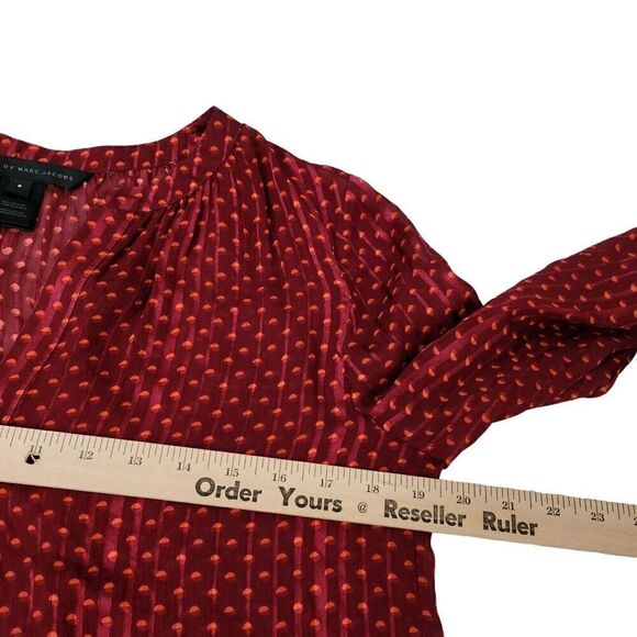 Marc By Marc Jacobs Blouse 4 Red Minetta Print Silk Top Merlot Multi Semi Sheer - Picture 10 of 11